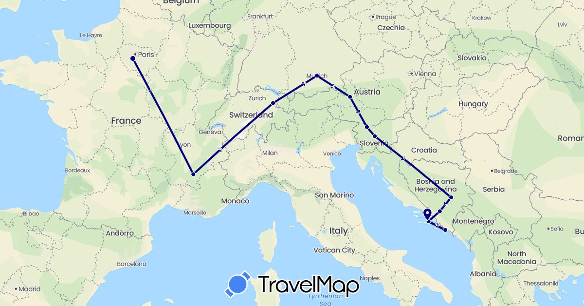 TravelMap itinerary: driving in Austria, Bosnia and Herzegovina, Switzerland, Germany, France, Croatia, Slovenia (Europe)